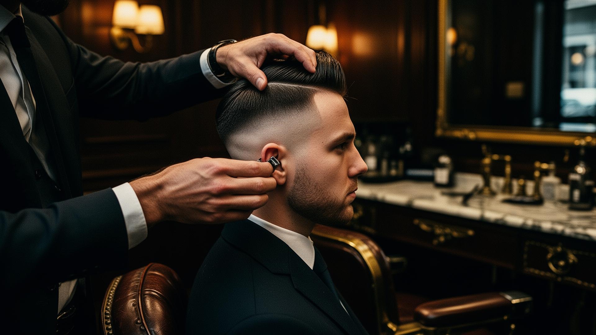 Master barber giving a precision skin fade in a luxury Manchester barber shop